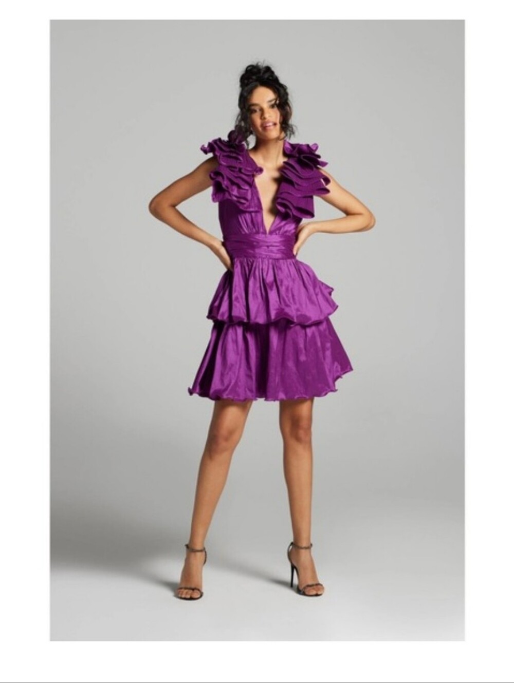 Gabrielle Union Purple Ruffle V-Neck Tiered Cocktail Dress